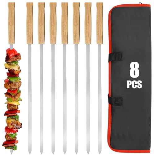 SHIKORI Kabob Skewers,BBQ Barbecue Skewers,Stainless Steel Sticks,17 Inch Heavy Duty Large Wide Reusable,with Nonslip Wooden-8 Pcs