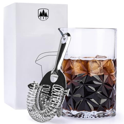 Raisaplin 24oz/ 700ml Cocktail Mixing Glass & Strainer Set - Martini Cocktail Stirring Glass Thick Bottom Crystal Bartending Glasses, Perfect for Mixing Old Fashioned, Manhattan, Negroni, Drinks