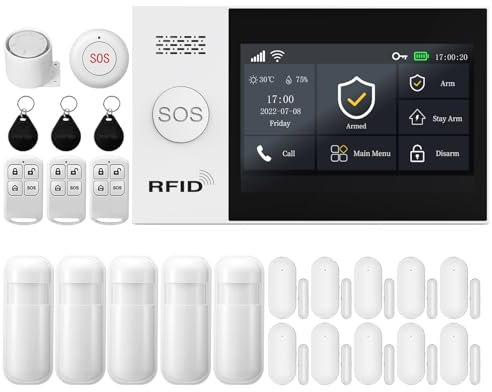 XNY Voller Touchscreen Funk Alarmanlage, Haus Alarmanlage Komplett Set, GSM WLAN Alarmanlage Wohnung mit APP Alarm, 24-Stück-Kit (Fenster Tür Sensoren, Bewegungsmelder, Fernbedienungen, Sirene)
