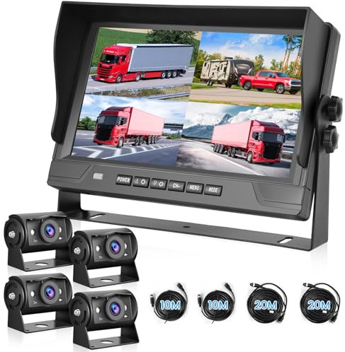 Telecamera Retromarcia per Auto 1080P con Monitor 4 Divisi da 9 Pollici, supporto 4 Telecamere DVR/IP68/Visione Notturna per Camion, Camper, Rimorchio, con Cavi da 2x10 M E 2x20 M
