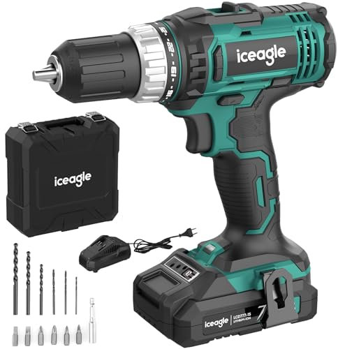 Iceagle Avvitatore a batteria 20 V – Trapano avvitatore con caricatore da 2,4 Ah e batteria da 2,0 Ah | Trapano avvitatore a percussione, 35 Nm Max, 2 marce, 3 modalità, mandrino da 13 mm, 25 + 1