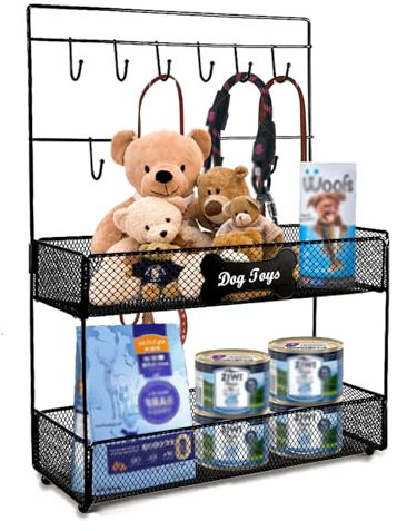 Ctomche Dog Toy Box,2-Tier Wire Mesh Toy Box for Dogs, Pet Toy Storage Rack with Hooks,Sturdy Metal Dog Stuff Storage Basket,Chew Proof Dog Basket Container for Cat Food Treat Leashes Blanket,Toys
