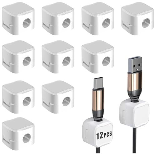 Pack de 12 Sujeta cables adhesivos blancos - Organizador de cables para escritorio con clip magnético y adhesivo - Sujetacables adhesivo para mesa - Ordena y recoge cables - Magnetic cable management