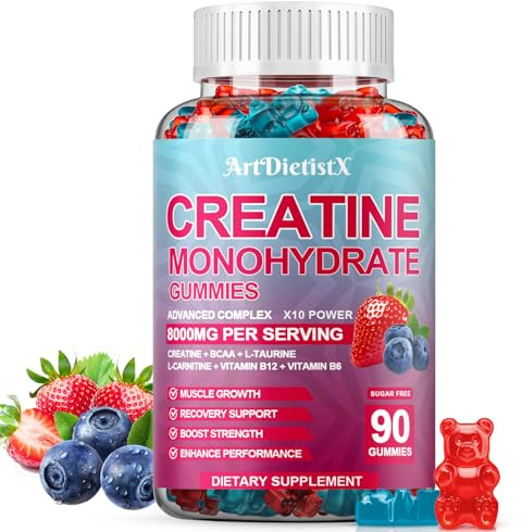 Creatine Monohydrate 8000mg Gummies with BCAA, L-Carnitine, Taurine & Vitamin B12 - Pre Workout Supplement for Muscle Growth, Strength & Energy, Multi-Flavor Chewable Gummies, 90 Count for Men & Women