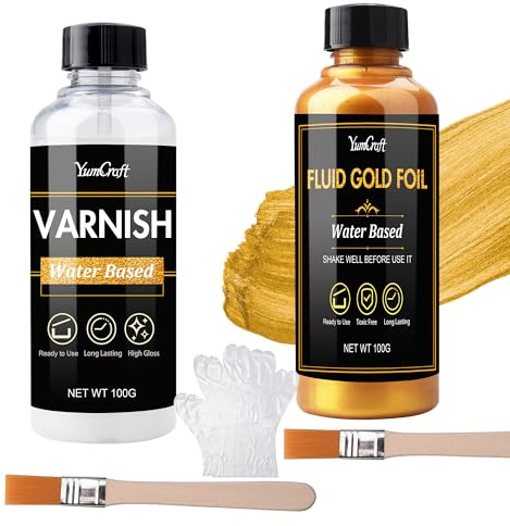 Akrylfärg metallic guld, 100 ml bladguldfärg och 100 ml klarlack vattenbaserad, ultraglänsande metalliska akrylfärger guld för metall, hantverk, målning, möbler, duk, trä, lera, tyg