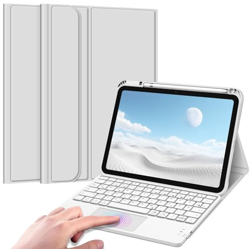 FINTIE Tastatur Hülle für iPad (A16) 11./10. Generation (11/10.9 Zoll) | Magnetisch abnehmbare deutsche Bluetooth-Tastatur mit Touchpad, weiche Schutzhülle mit Stifthalter, Silber