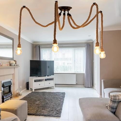 FDOIUTU Lampadario retrò fai da te in corda di canapa, stile industriale retrò, kit lampadario moderno E27, lampadario multi-testa in corda di canapa, lampadina non inclusa (4 teste)