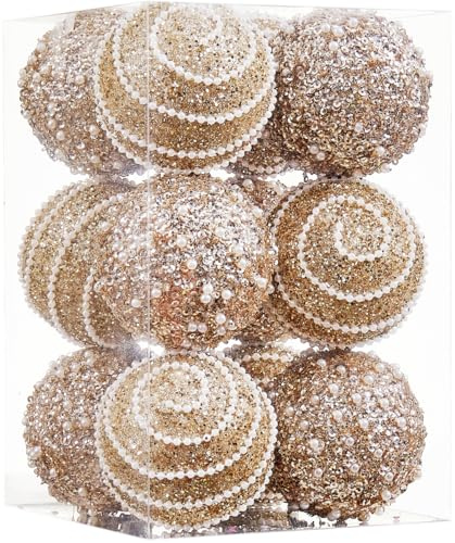 Champagne Gold Christmas Ball Ornaments, Christmas Ball Decorations Shatterproof Plastic Hanging Pearl Balls for Holiday Party(70mm/2.76, 12ct)