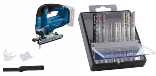 Bosch Professional 18V System Akku Stichsäge GST 18V-125 B (mit Bügelhandgriff, 1x Stichsägeblatt) + 10x PRO Hardwood and Laminate Stichsägeblatt-Set (für Hartholz, Parkett, Länge 83 mm, Zubehör)