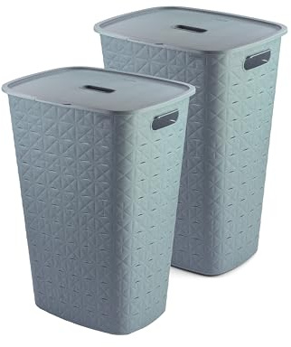 Curver Softex Wäschekorb – 2er-Set – 56 L – mit Deckel, 70 % recyceltes Material, offene Struktur, komfortable Griffe, Blau