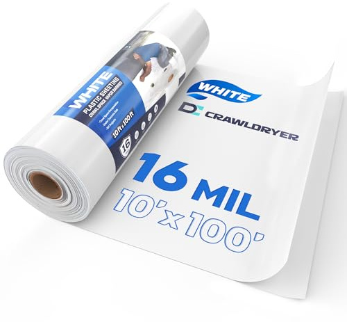 Crawldryer White Plastic Sheeting, 16 Mil 10' x 100', Crawl Space Vapor Barrier, White Vapor Barrier, Plastic Sheeting Heavy Duty, Polyethylene Plastic Rolls for Garden, Crawlspace, Basement, White