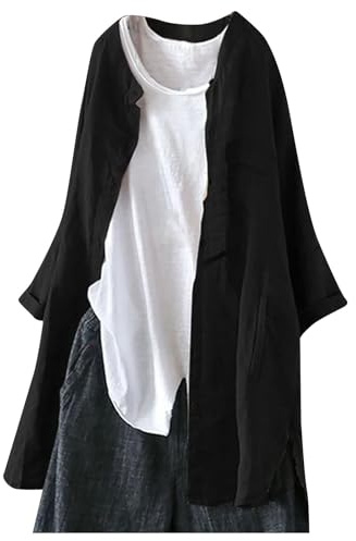 Cardigan da donna, estivo, lungo, in lino, oversize, in lino, a maniche lunghe, estive, casual, maglietta leggera, elegante, a tunica, tinta unita, con tasche
