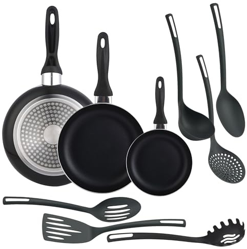 Well Home Ensemble de 3 poêles Ø16Ø20Ø24cm en aluminium embouti noir + 6 ustensiles de cuisine en PBT couleur noire
