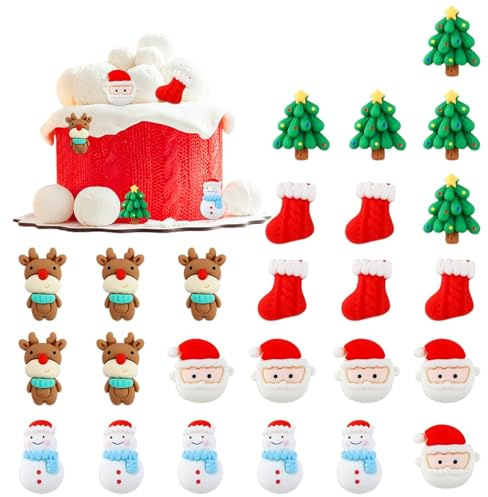 Tortendeko Weihnachten 25 Stück in 5 Designs Christmas Cupcake Topper Harz Weihnachtskuchen Deko Weihnachtsmann, Weihnachtsbaum, Rentier, Weihnachts Kuchen Deko für Festliche Kuchendekorationen