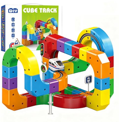 Clickrail Electric Train Set, 81PCS 3D Racing Cube Track Set with Electric Train, Traffic Signs, STEM Trains Toy Birthday Easter Gifts for Kids 3 4 5 6 7 8 9 10 Years Old Boys and Girls