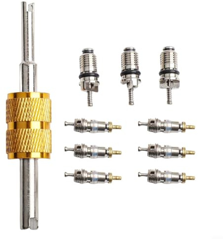 Juego de herramientas de instalación y extracción de núcleo de válvula para sistemas de aire acondicionado de coche R134a, incluye 6 núcleos de válvula, 3 núcleos de alta presión, 1 destornillador de