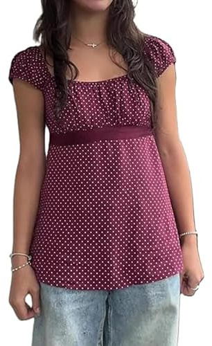 Lshyuehao Womens Polka Dot Babydoll Top Cap Sleeve Micro Polka Dot Tie Back Flowy Peplum Blouse Coquette Going Out Tops