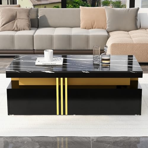 Mesa de Centro Rectangular Con Tablero de Partículas, Superficie Alto Brillo Marmoleada y 2 Cajones, Mesa de Café Moderna, Mesa Auxiliar, Adecuada para Salón y Dormitorio, Negro, 100x50x40cm