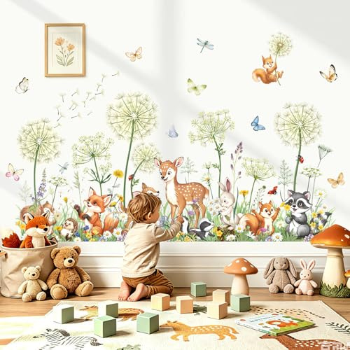 decalmile Wandsticker Tiere Pusteblume Wandtattoo Hirsch Blumen Löwenzahn | Abziehbare und Aufklebbare Wandaufkleber, DIY Abnehmbare Wandkunst Abziehbilder, Wandfreundlich, Leuchtenden Farben
