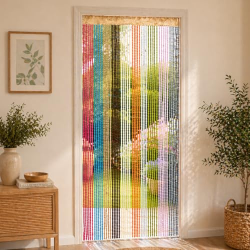 Doorway Curtain with Spiral Tassels & Tension Rod, Fly Insect Screen Curtain, Multicolour String Door Curtain, Walk Through Divider, 90 x 200 cm