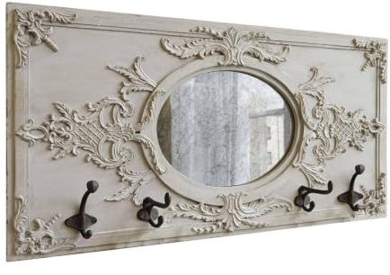 Loberon Garderobe Béatrice, mit Umrahmter Spiegelfläche, Romantisches Design, Shabby-Chic, mit Vier Garderobenhaken, Polyresin, Spiegelglas, antikgrau | mit Umrahmter Spiegelfläche, Romantisches Design, Shabby-Chic, mit Vier Garderobenhaken, Polyresin, Spiegelglas