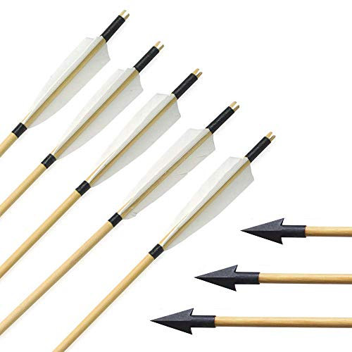SHARROW 6 Stück Handgemacht Holzpfeile 31 Bogenpfeile mit 5 Fletching Truthahnfeder Blechspitze für Langbögen Recurve Bögen Bogensport (Modell 5)