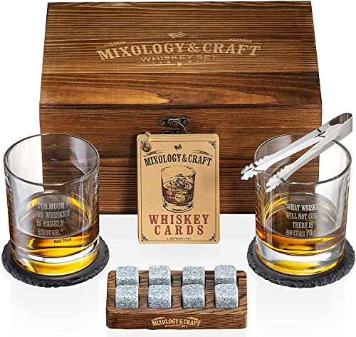 Mixology Whiskey-Steine Geschenkset für Männer, Whiskeyglas und Steine Set mit Holzbox, 8 Granit-Whiskey-Kühlsteine und 10 oz Gläser, Whiskey-Liebhaber, Geschenke für Männer, Vater, Ehemann, Freund