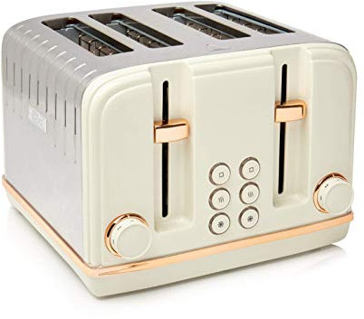Haden Salcombe Cream Toaster 4 Slice - 6 Adjustable Browning Levels - Stainless Steel Housing - Defrost/Cancel/Reheat Functions - Self-centering Function - Easy to Use and Clean - 1900-2300W