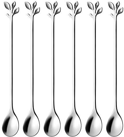 AnSaw - Set di 6 cucchiaini da gelato con manico lungo, 18,8 cm, cucchiai creativi per mescolare cocktail con foglie argentate, acciaio inossidabile di alta qualità, finitura a specchio e lavabili in