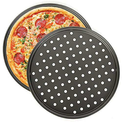 Teglia per Pizza, NALCY 2 Teglie per Pizza Rotonde Forate Antiaderenti, Utensili per Pancake in Acciaio al Carbonio, Teglie per Pizza Forate per Forno, Utensili da Cucina