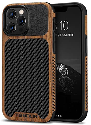 TENDLIN Kompatibel mit iPhone 13 Pro Hülle, Holz und Carbon Textur Design Leder Hybrid Handyhülle (Schwarz)
