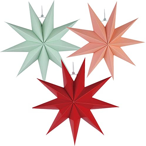 3 Pieces 3D 12 Large Paper Star Hanging Decorations - Red, Green, Pink for Weddings, Christmas, Girls Bedroom, Birthday Party, Home Decor