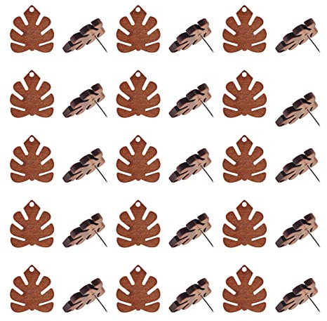 PandaHall Lot de 20 paires de boucles d'oreilles à tige en bois de noyer en forme de feuille de Monstera, tige en bois avec tige en acier inoxydable pour la fabrication de bijoux - Marron noix de coco