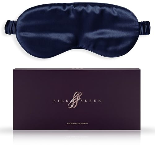 SILKSLEEK Eye Mask for Sleeping, 22 Momme Pure Mulberry Silk Sleep Mask Filled with 100% Pure Silk, Travel Essentials, Super Soft & Comfortable Blackout Eye Mask in Gift Box… (Navy Blue)
