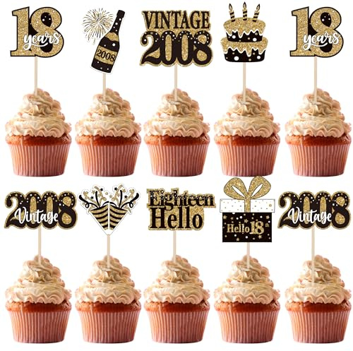 SYKYCTCY 36 PCS Happy 18th Birthday Cupcake Toppers Double Sided Eighteen Hello 18 Vintage 2008 Cupcake Picks Cheers to 18 Years 18 Fabulous Cake Decorations for 18th Birthday Party Supplies