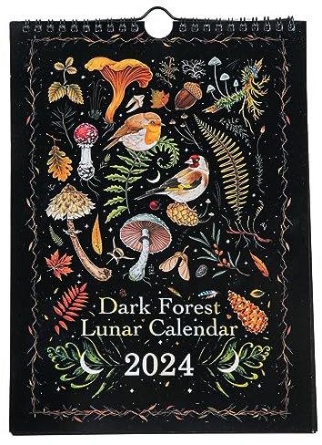 2024 Dark Forest Mondkalender, bunter Wassertinte, Wandbehang Kalender mit 12 Illustrationen, geheimnisvolle Tiere, Kalender, Rad der Phase, Astrologie, Kunstdekor