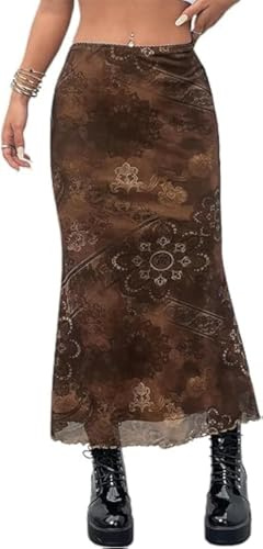Avanova Women's Floral Print Lettuce Trim Mesh Midi Skirts High Waisted Bodycon Long Skirt A Floral Brown 3X-Large