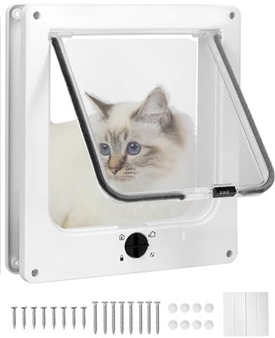 QWORK® Cat Flap, Cat Door, With Rotary 4 Way Locking, White, 27 X 23.5 X 5 cm, Easy Installation and Noise Reduction