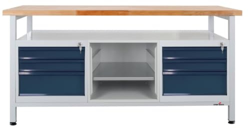 Steinbock Werkbank 6 Schubladen + 1 Regal | 170x84x60 cm | 500 kg | Grau | 500 kg Tragkraft | 4 cm geölte Massivholz-Arbeitsplatte aus Buche | stabiles Stahlgestell | Werktisch | Made in EU
