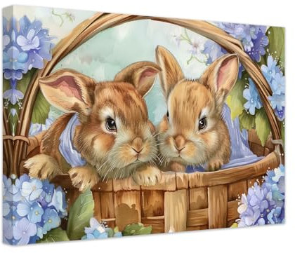 ZXHYWYM Niedlicher Hase Wanddruck Hase Blumen Leinwandbilder Ostern Wanddekoration Tierposter Landhaus Kinderzimmer Kinderzimmer Mädchen Schlafzimmer Dekoration mit Rahmen (C (60.00 x 90.00 cms))