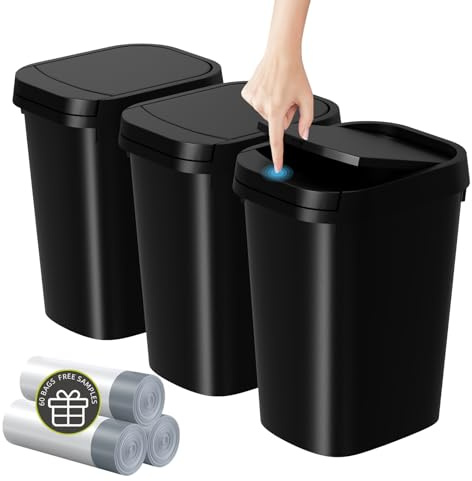KSSKSS 3 Pack Bathroom Small Trash Can with Lid, 2.6 Gallon Slim Garbage Bin with Pop-Up Lid, 10L Plastic Wastebasket for Bedroom, Office, Kitchen, Toilet (Matte Black)
