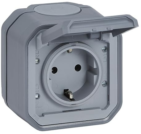 LEGRAND, Plexo New 069730L Prise murale en saillie pour pièces humides, norme Schuko, avec couvercle à charnière, protection anti-contact, bornes enfi