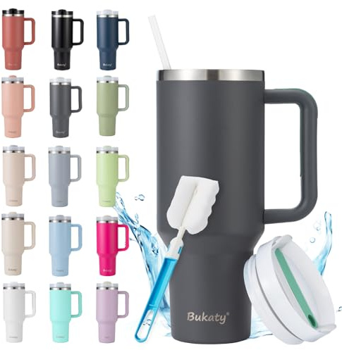 Bukaty Termo con pajita y asa 40oz/1.2L, Gran vaso con tapa y pajita, Taza de café térmica para llevar, Termo de acero inoxidable con aislamiento al vacío, Portavaso para el coche para bebidas frías y