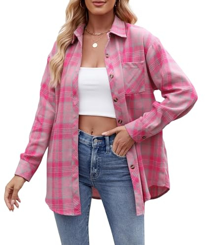Timuspo Skjortblus för damer, rutig, långärmad oktoberfestblus med knappslå, rutig tunika, ledig, v-ringad, topp, flanellskjorta, ROSA, XL