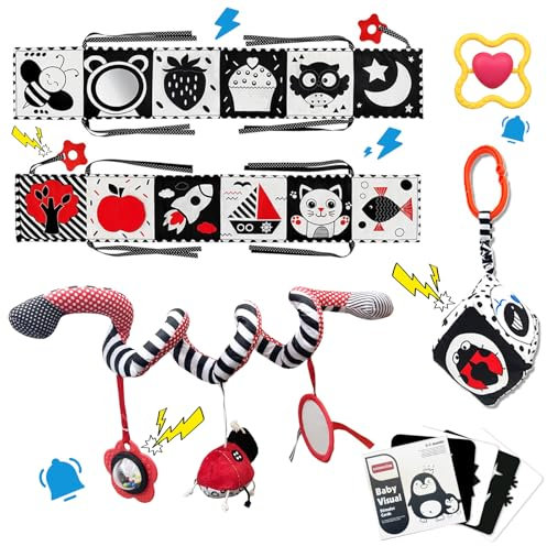 Xerteam Schwarz Weiss Spielzeug Baby 0-6 Monate, Neugeborenen Spielzeug mit Kontrastkarten Baby Stoffbuch, 16 Stück Sensorik Spielzeug für Kinderwagen Babyschale, Sensorische Entwicklung Geschenk