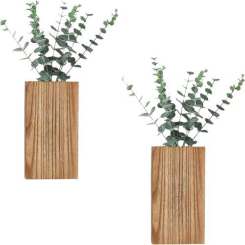 Zghhc Paquete De 2 Jarrones De Pared De Madera con Macetero De Eucalipto Artificial, Macetero De Flores Secas para Colgar En Pared De Granja, para Sala De Estar Y Dormitorio