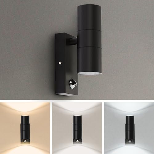 Kerry Outdoor Wall Lights, Motion Sensor Up and Down Lamp with Bulb, 3000K/4000K/6000K Adjustable, IP44 Black Stainless Steel Outside Lighting Mains Powered Fixtures, PIR Detector Exterior Sconce
