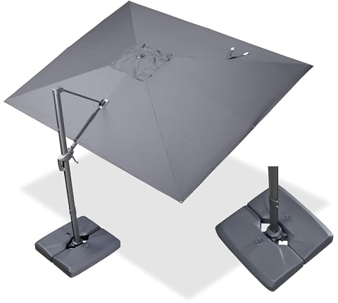 PURPLE LEAF Parasol Déporté 2,7 x 3,5 m avec Pied, Parasol de Jardin Extérieur en Aluminium avec Toile Protection UV UPF 50+, Inclinable 6 Positions et Rotation 360°, Gris chiné foncé