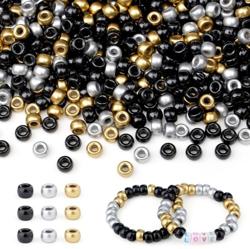 GUJOXILA 1000 Stück Pony Perlen Gold Silber Schwarz Mix mit Zum Auffädeln | Große Loch 6x9mm Kandi Beads Bastelperlen Pony Beads Set für Armbänder Halsketten Schlüsselanhänger Schmuckherstellung