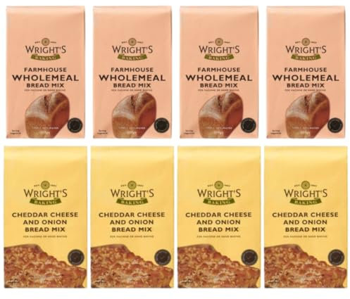 Wholemeal bread mix 4X500g & Cheddar Onion Bread Mix 4X500g - Artisan Bread Mix for Bread Machine & Oven - Easy Bake Loaf, Rolls & Pizza Dough - Homemade, Vegetarian, Freezer-Friendly